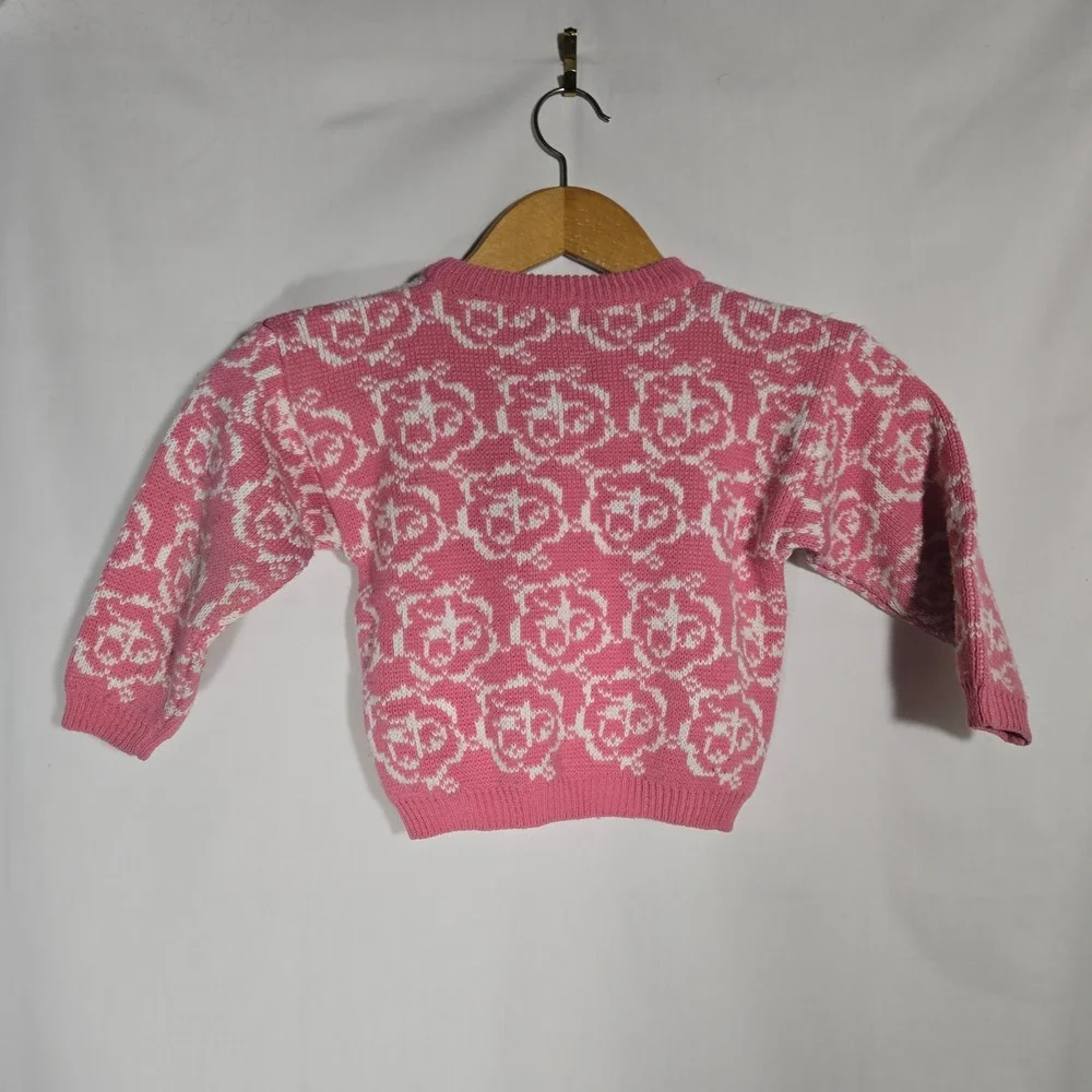 Vtg Acrylic ESprit Girls 4-5 Cherry Roses Pink Chunky Knit Sweater Cottage‎